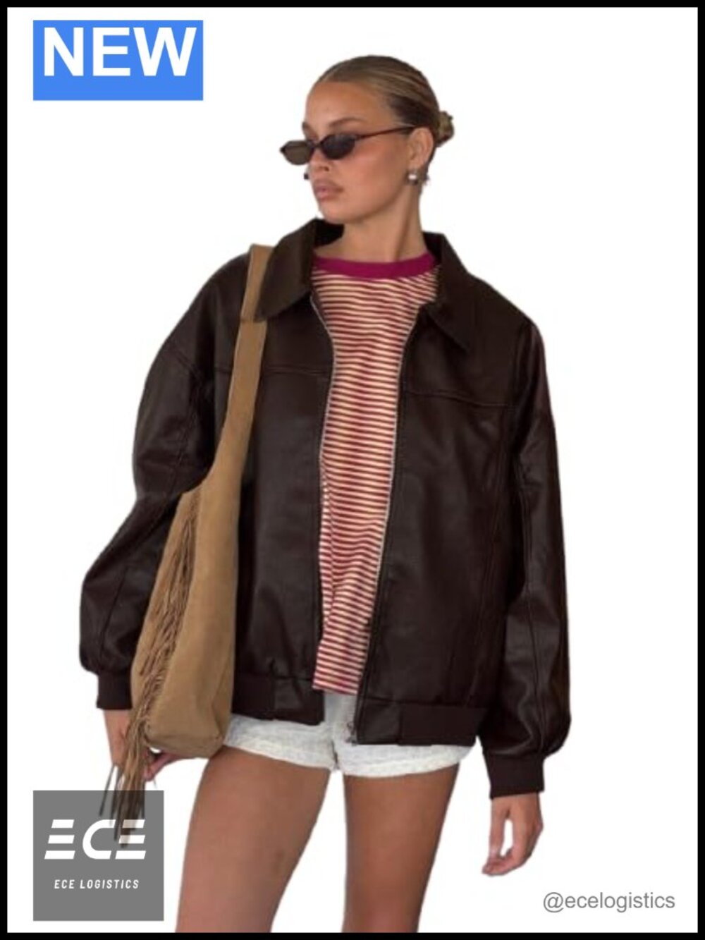 Faux Leather Bomber Jacket Cuff Sleeve Point Collar Zipper